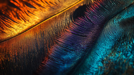 Macro photo of a bird's feathers. Colorful feathers backgroundの写真素材
