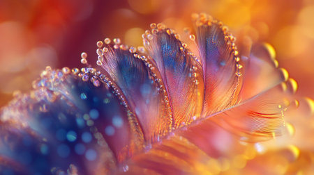 Macro shot of colorful feather with water drops on it. Abstract background.の写真素材