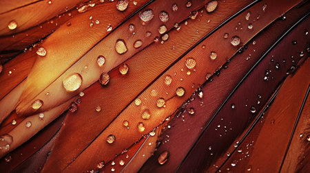 Beautiful colorful feathers with drops of water close-up macro photographyの素材