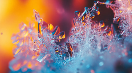 close up of frozen ice on fire background - macro shot with shallow depth of fieldの素材