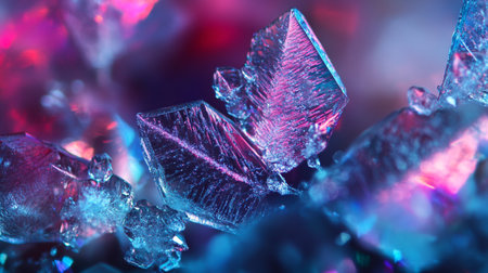Macro shot of ice cubes in blue and pink light. Abstract background.の写真素材