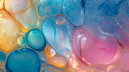 abstract background of colored oil drops in water close-up macroの写真素材