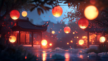 Chinese lanterns in a garden during chinese new year festival.の写真素材