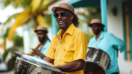 Portrait of cheerful african american man playing drums with friends on backgroundの写真素材