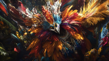 Colorful feathers of a carnival mask on a dark background.の素材