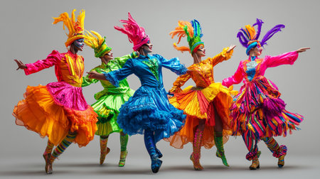 Group of dancers in colorful carnival costumes dancing isolated on gray backgroundの写真素材