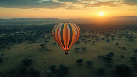 Hot air balloon flying over the savannah at sunset. 3d illustrationの写真素材