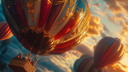 Hot air balloons in the sky at sunset. Colorful hot air balloonsの写真素材
