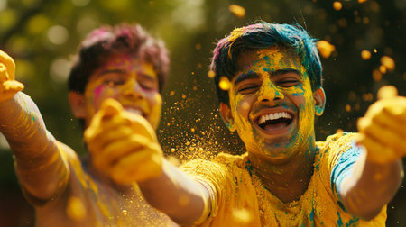 Happy holi festival - indian people having fun with holi powderの写真素材