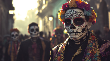 Day of the Dead celebration with sugar skull mask and traditional costumeの写真素材
