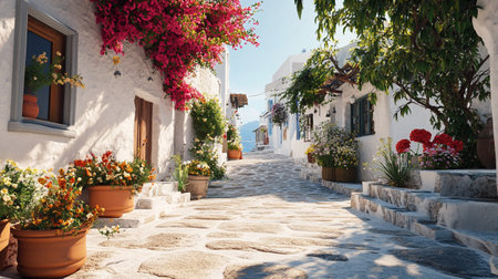 Greece, Santorini island, narrow street with flowersの写真素材