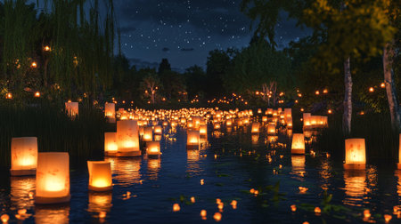 Lanterns floating in the water at night in the parkの写真素材