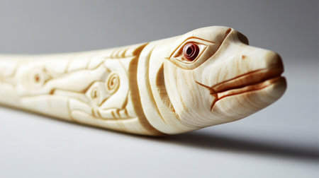 Wooden carving of a crocodile on a white background, close-upの写真素材