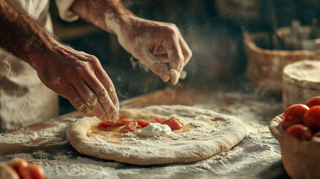 Close-up of male hands kneading dough for pizza.の写真素材