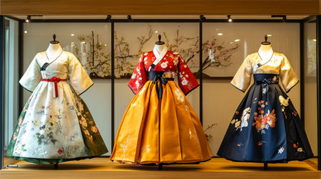 Traditional dress in front of a shop windowの写真素材