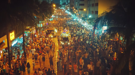 Crowds of people walking through the night streets.の写真素材