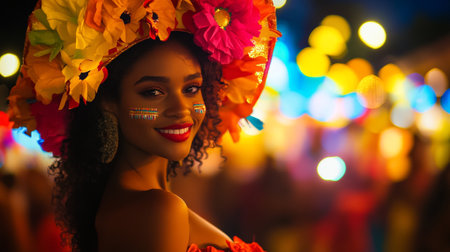 Beautiful african american woman wearing flower wreath at nightの写真素材