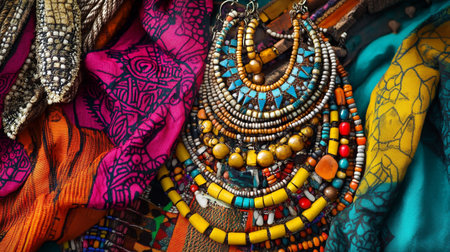 Colorful necklaces and necklaces for sale in a souvenir shopの写真素材
