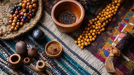 Beads and beads of various colors on a colorful background.の写真素材