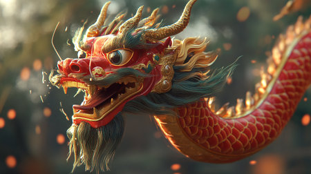 Chinese dragon statue with fire and bokeh background, close upの写真素材