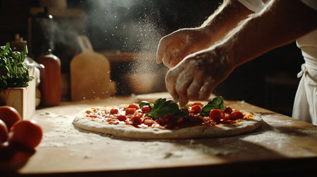 Man preparing pizza in kitchen at home. Close-up of male hands making pizza.の素材