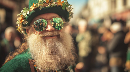 Portrait of senior man with long white beard wearing traditional clothes and glasses at the annual christmas marketの写真素材