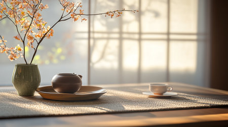 Cup of coffee and teapot on table in morning lightの写真素材