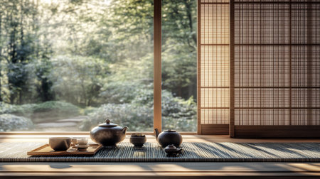 Japanese tea set on bamboo mat in japanese style room,3d renderingの写真素材