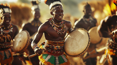 Portrait of young man in traditional costume playing drums at Masai Mara, Kenyaの写真素材