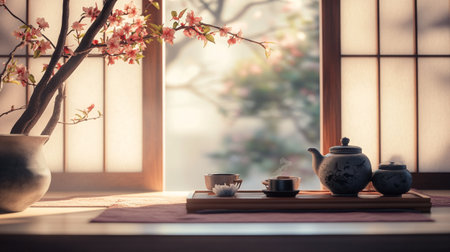 tea ceremony with teapot and teacup on japanese tableの写真素材