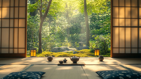 Japanese tea set in the garden with japanese style design.の写真素材