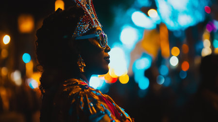 Beautiful african american woman at night in the city.の写真素材