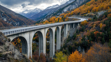 Autumn view of the viaduct in the Swiss Alps.の写真素材