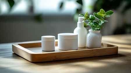 Cosmetic bottle containers with mint leaves on a wooden tray in a coffee shopの写真素材