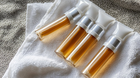 Set of cosmetic bottles on white towel, top view. Beauty conceptの写真素材