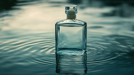 Bottle of alcohol on water surface, closeup. Concept of alcoholismの写真素材