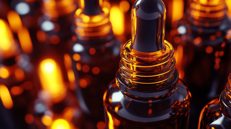 Essential oil in a glass bottle. Close-up. Selective focus.の写真素材