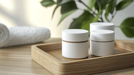 Set of cosmetic bottles on wooden tray, closeup. Beauty treatmentの写真素材