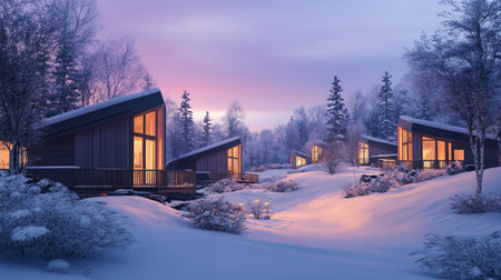 Wooden house in the winter forest at sunset. 3d renderingの写真素材
