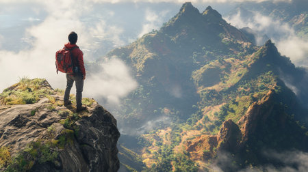 Hiker with backpack standing on edge of cliff and looking at misty valleyの写真素材