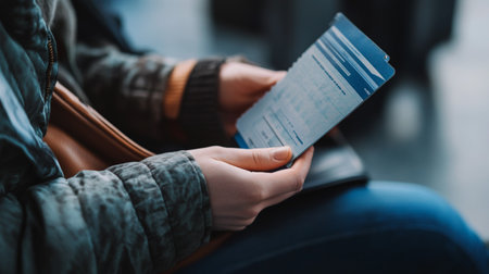 Close up of woman's hands holding boarding pass while sitting in airportの写真素材