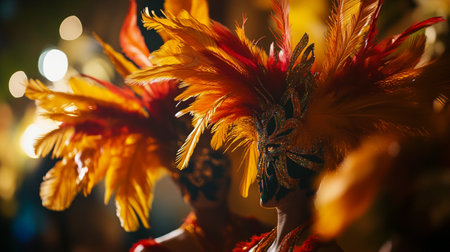 Beautiful young woman wearing brazilian carnival mask with feathersの写真素材