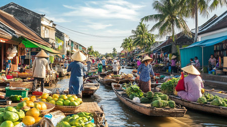 Unidentified Thai people sell fruits and vegetables at Damnoen Saduak floating market.の写真素材