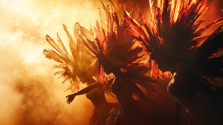 brazilian carnival dancer in red costume with feathers and smokeの写真素材