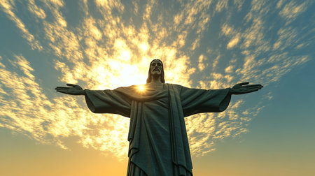 Jesus Christ statue on sunset sky background. 3d render illustration.の写真素材