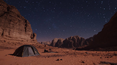 Tent in Wadi Rum desert, Jordan at night with starry skyの写真素材