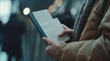 Close up of a young man's hands holding a digital tablet and a document.の写真素材