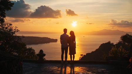Silhouette of young couple looking at beautiful sunset over the seaの写真素材