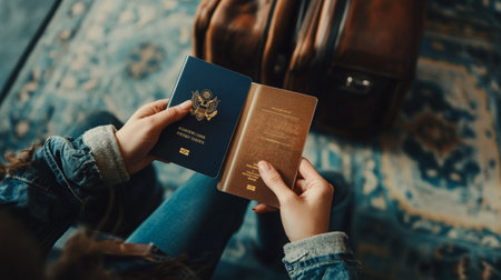 Young woman with a passport on the background of an old suitcase.の写真素材
