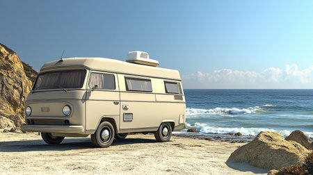 Camper car on the beach. 3D illustration. Vintage style.の写真素材